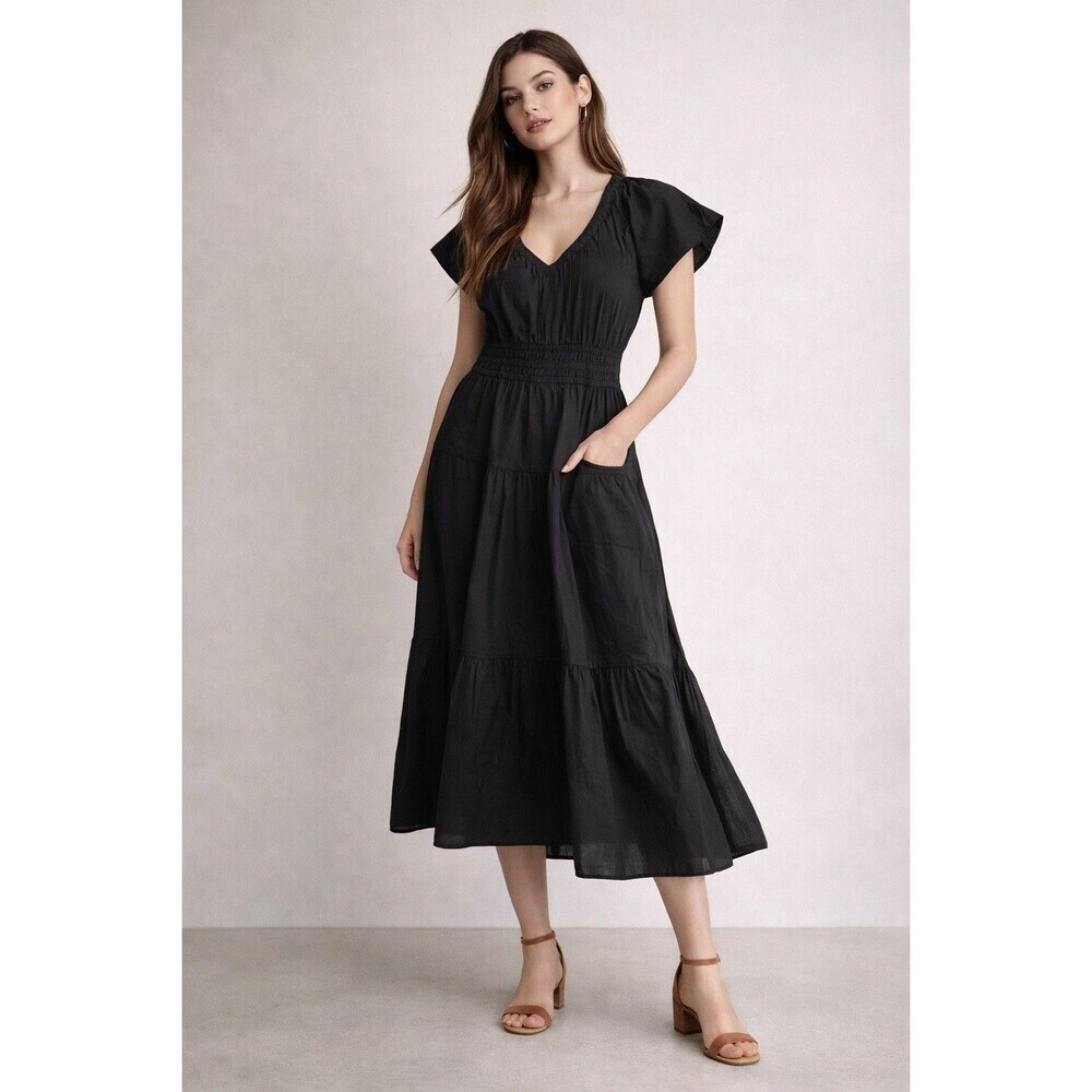 Free Assembly Black Cotton Flutter Sleeve Smocked Waist Dress Size M (8–10) NWT